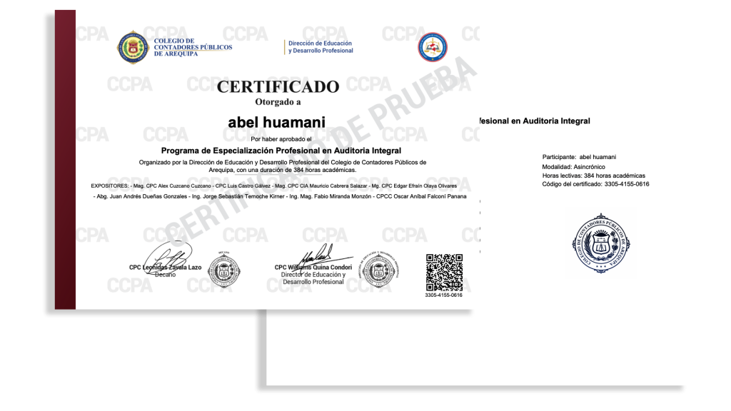 Certificado emitido por el CCPA con código QR verificable